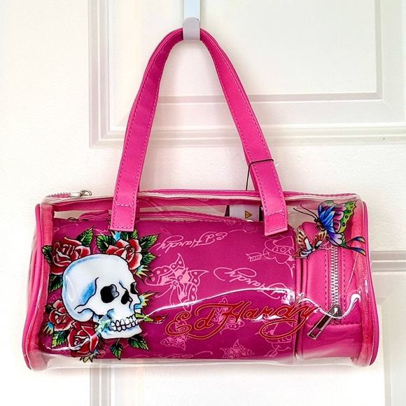 ED HARDY Transparent & Pink Skull PVC Barrel Shoulder Handbag - Picture 2 of 7
